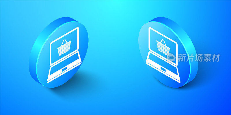 Isometric Mobile phone and shopping basket icon isolated on blue background. Online buying symbol. Supermarket basket symbol. Blue circle button. Vector